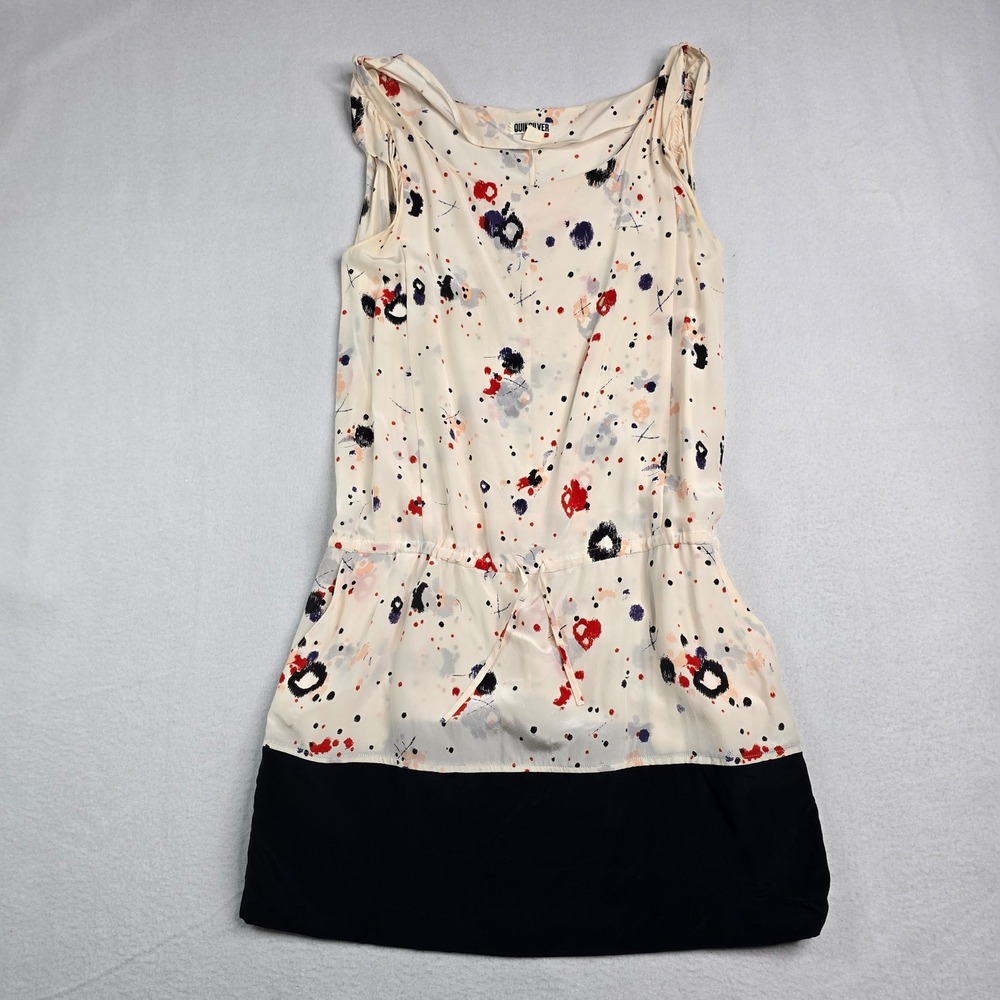 Quiksilver 100% silk mini dress drawstring waist black multicolor splatter paint